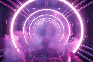 futuristic scifi tunnel with glowing neon lights and smoke 3d illustration