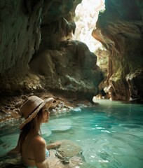 Young woman relaxes in the tranquil waters of a sunlit cave spa in thailand