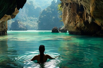 Woman relaxing in a serene cave spa with emerald waters in thailand - 784104825