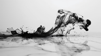 A high-speed capture of black ink splattering fluidly against a stark white backdrop, creating an intricate and dramatic movement - Abstract background - Generative AI