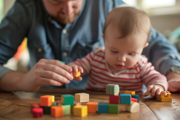 A cute father and baby's hands arranging building blocks, developing motor skills.
