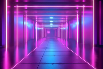 generative ai abstract futuristic corridor with purple and blue neon lights digital ilustration