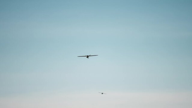 Drone Aircraft flying in the sky. Military UAV in flight. Military UAV in the sky. Reconnaissance UAV. drone aircraft plane in blue sky