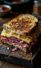 Grilled Reuben Sandwich with Sauerkraut and Cheese on Wood - 784105041