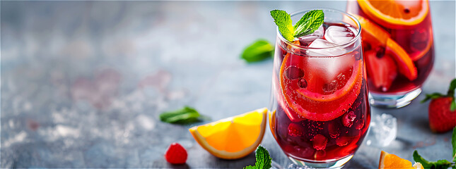 Refreshing Summer Fruit Sangria in a Glass with Ice
 - obrazy, fototapety, plakaty