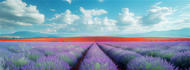 Lavender Field in Bloom with Scenic Sky at Sunset
