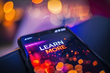 Glowing text "LEARN MORE" on cell phone screen