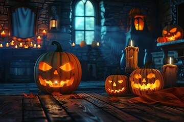 halloween jack o lanterns with candles in a youthful medieval room at night spooky holiday background with copy space digital ilustration