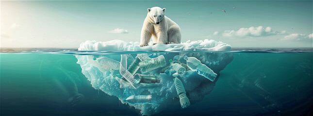 Polar Bear on Iceberg with Underwater Plastic Pollution
 - obrazy, fototapety, plakaty