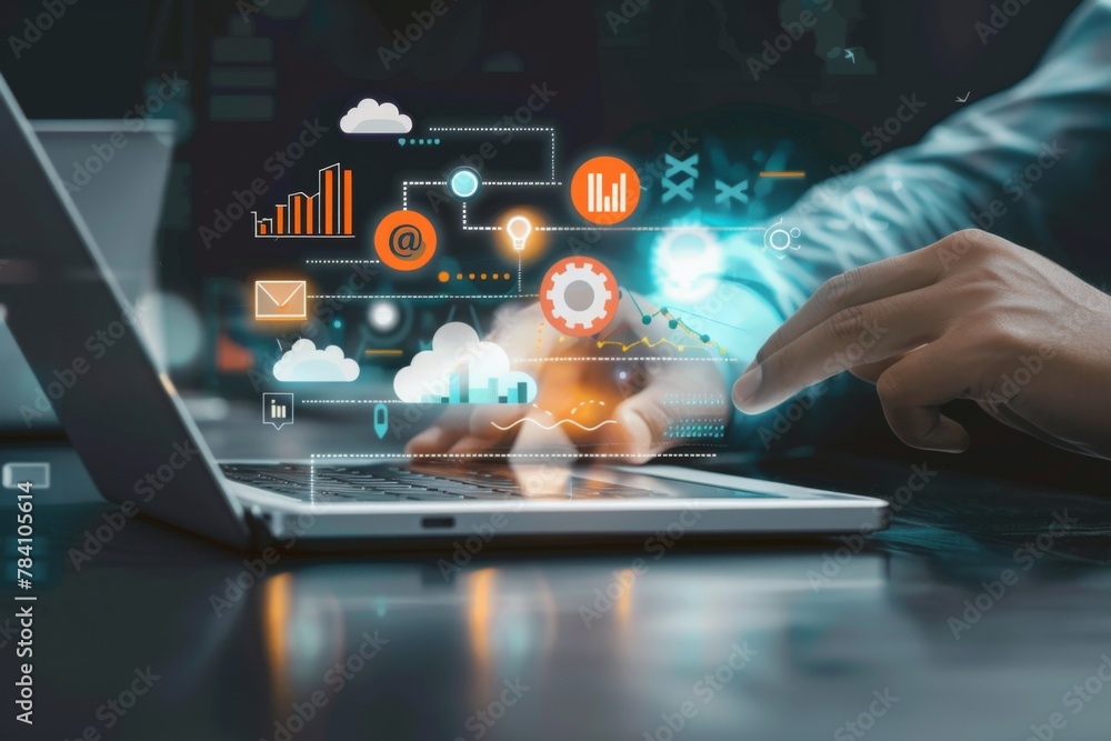 Poster analyzing seo data using professional review on a laptop with virtual analytics overlay