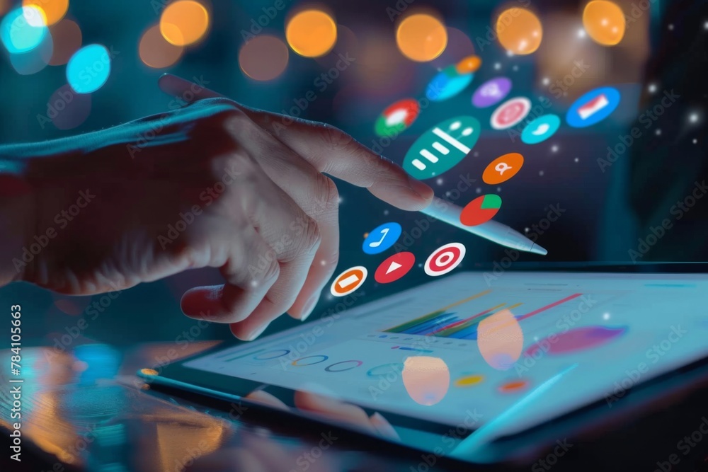 Poster hand using seo analytics on a digital tablet with a futuristic backdrop in close-up view