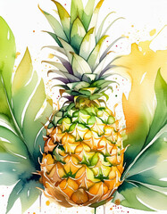 Watercolor pineapple with lush green leaves and vivid splashes - 784105835