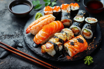 Assorted Sushi Set on Black Stone Plate, Japanese Cuisine