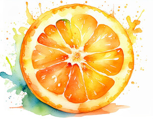 Vibrant watercolor splash of orange and green hues, resembling a citrus fruit’s explosion of colors - 784105857