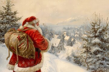 Santa claus in cozy attire holding a bag, admiring a snowy village from a hill in the woods - 784105865