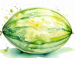 Vibrant watercolor depiction of a green watermelon, artistically rendered with lively color splashes - 784105868