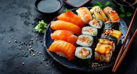 Assorted Sushi Set on Black Slate with Soy Sauce - 784106097