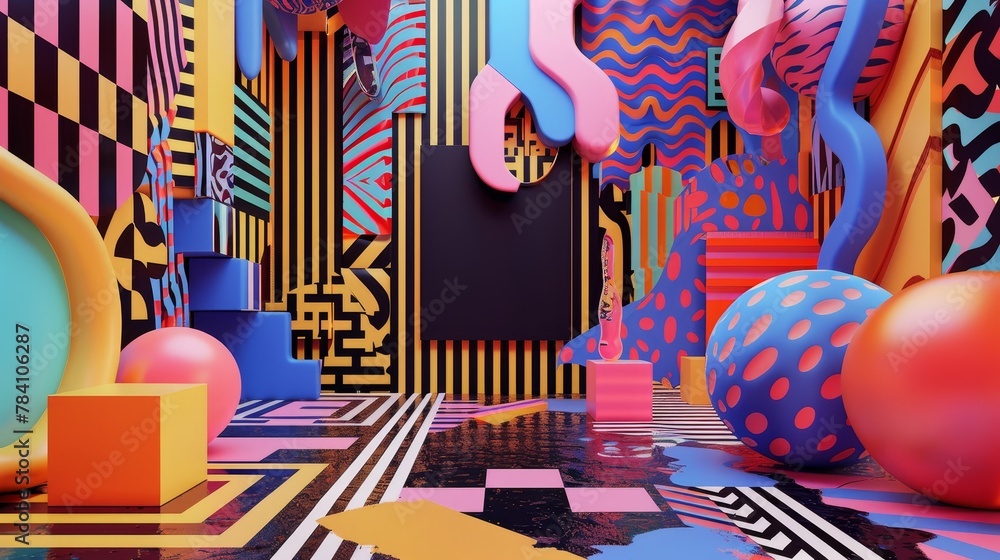 Aufkleber a 3d render of a flying blackboard covered in vibrant shapes and patterns ai generated illustration