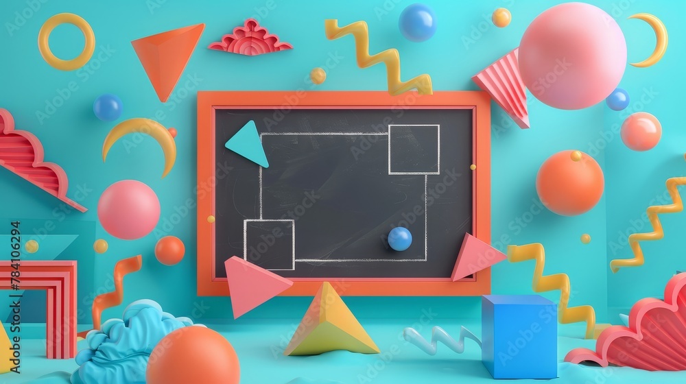 Poster a 3d render of a flying chalkboard with memphis-style elements ai generated illustration