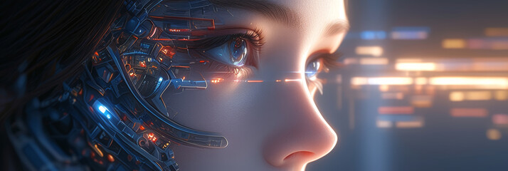 The perspective of a young woman living in a society where AI artificial intelligence has become universal and coexists. banner. Concept of technology and scientific progress. - obrazy, fototapety, plakaty