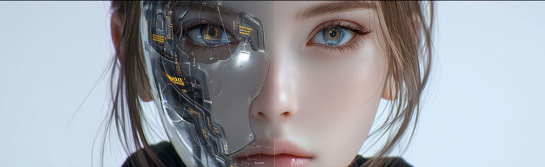 The perspective of a young woman living in a society where AI artificial intelligence has become universal and coexists. banner. Concept of technology and scientific progress.