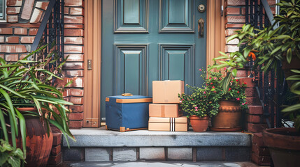 Vintage Style Delivery Scene with Packages and Flowers on Steps