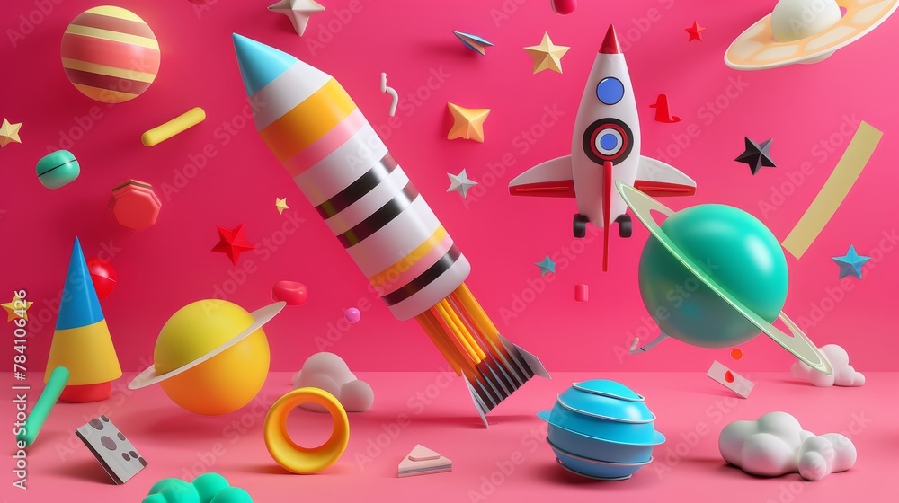 Poster a collection of memphis-style 3d renders featuring flying objects ai generated illustration