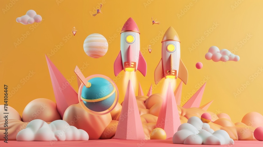 Poster a contemporary take on a startup theme with d-rendered flying objects ai generated illustration