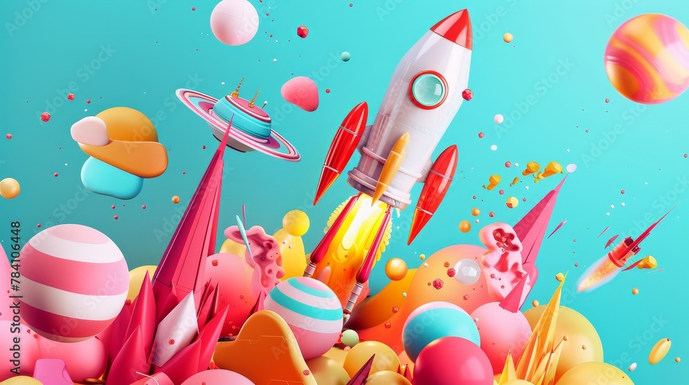 Poster a contemporary and colorful portrayal of flying objects in a unique 3d style ai generated illustrati