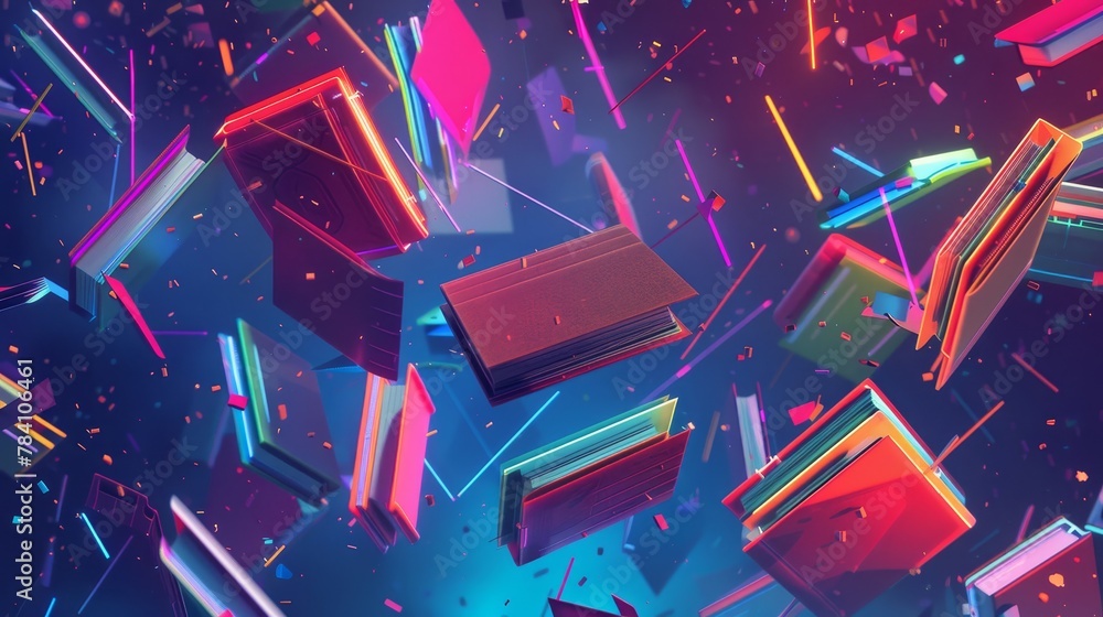 Poster a digital art piece of floating notebooks with neon colors and geometric shapes ai generated illustr