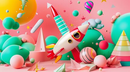 A collection of Memphis-style 3d renders featuring flying objects AI generated illustration