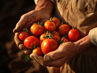 Close-up of farmer's hands picking ripe red tomatoes from lush farm