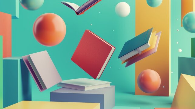 A digital composition of isolated flying notebooks with geometric shapes AI generated illustration