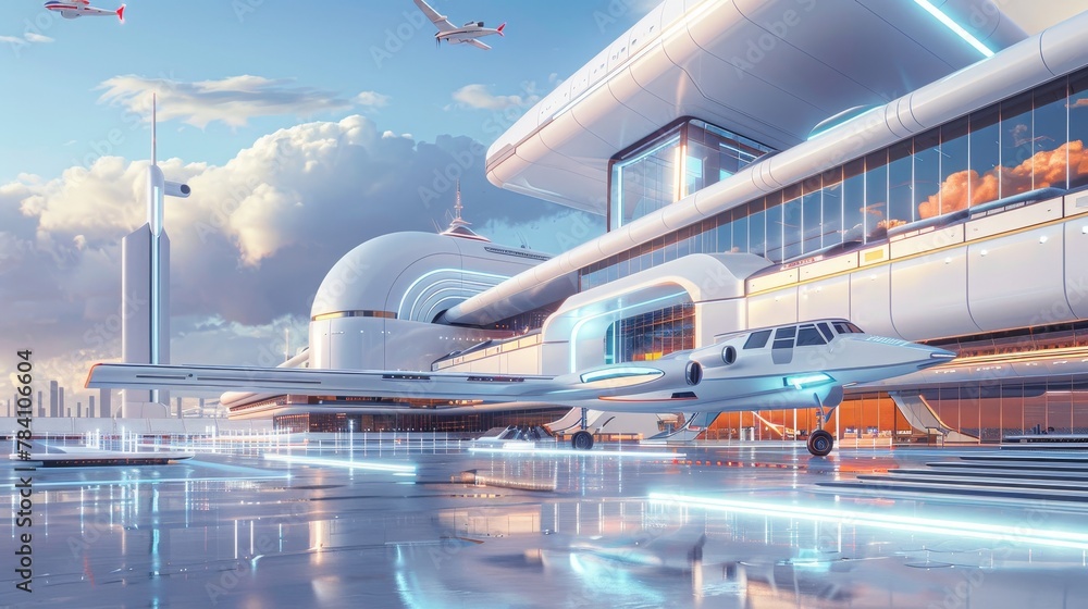 Poster a futuristic 3d render of a flying school building with memphis-style elements ai generated illustra