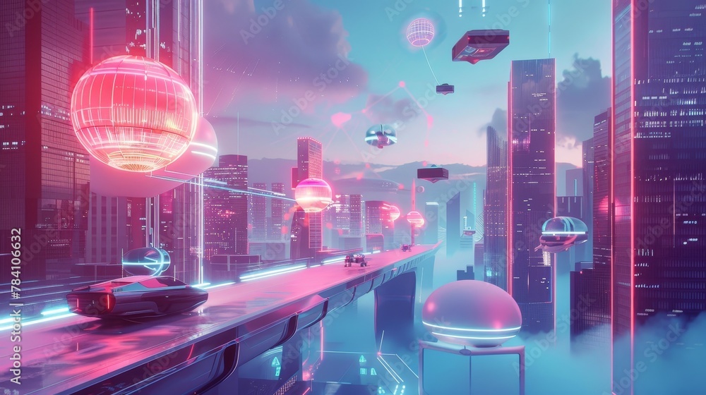 Poster a futuristic interpretation of a startup scene with memphis-style flying objects ai generated illust