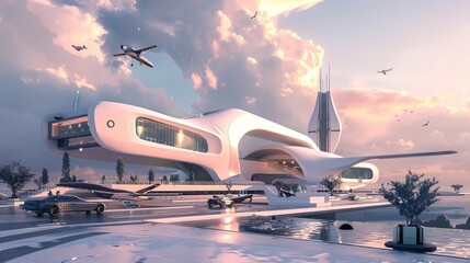 A futuristic 3d render of a flying school building with Memphis-style elements  AI generated illustration