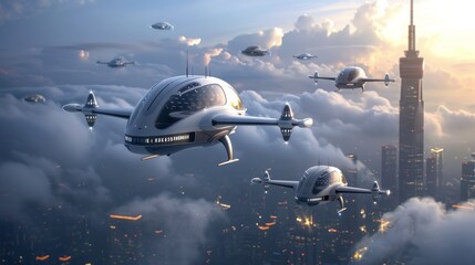 A futuristic interpretation of a startup scene with isolated flying objects AI generated illustration - obrazy, fototapety, plakaty