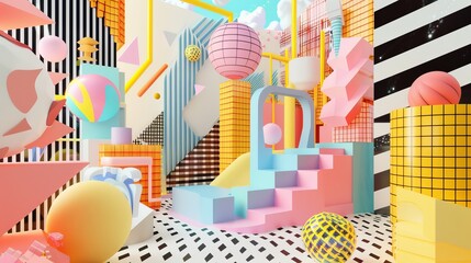 A futuristic interpretation of Memphis design with flying objects in 3d AI generated illustration