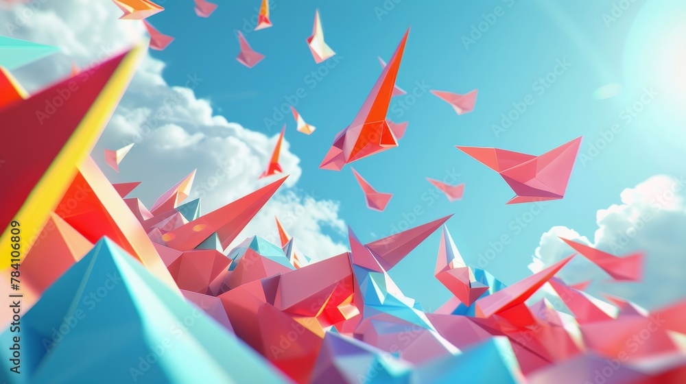 Poster a geometric and abstract depiction of flying objects in a 3d style ai generated illustration