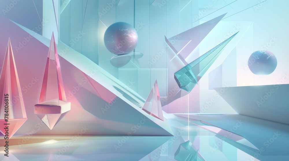 Poster a geometric and abstract depiction of flying objects in a 3d style ai generated illustration
