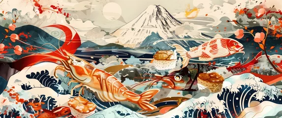 Fotobehang Bergen Ukiyoe style, shrimps and salmon with rice cakes around them, mountain in the background, waves crashing wallpaper