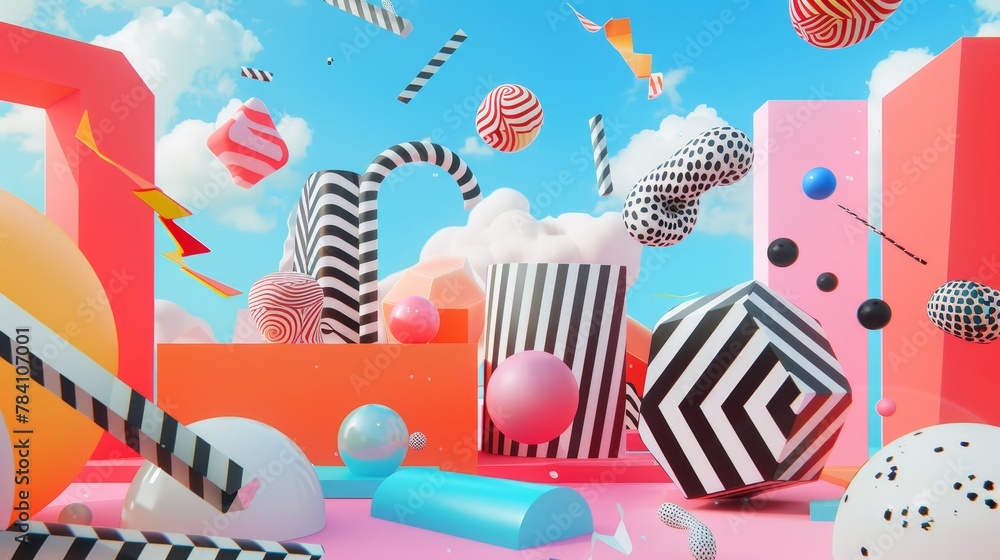 Poster a playful and lively scene featuring memphis-style flying objects in a 3d render ai generated illust