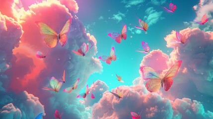 A psychedelic dream world with floating clouds and neon-colored butterflies AI generated illustration