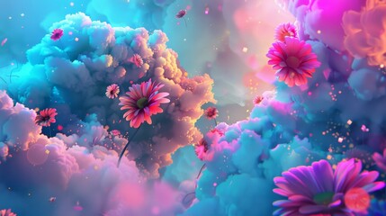 Fototapeta na wymiar A psychedelic dream world with floating clouds and neon-colored flowers AI generated illustration
