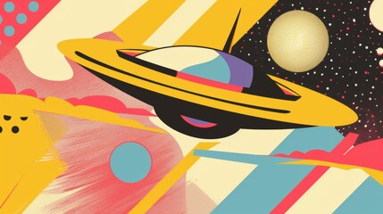 A retro-inspired isolated flying object in a funky Memphis style AI generated illustration