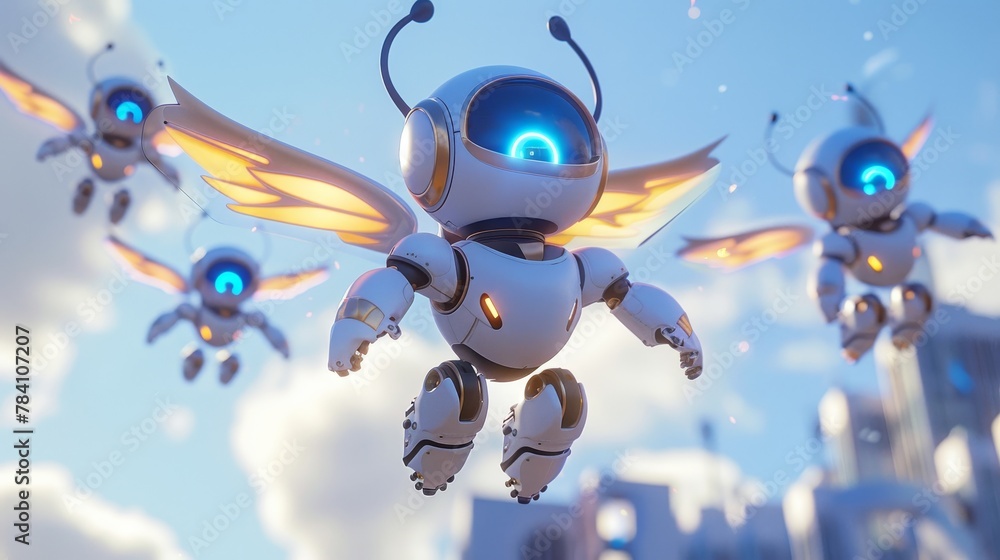 Aufkleber a series of cute robots with wings hovering in unison ai generated illustration