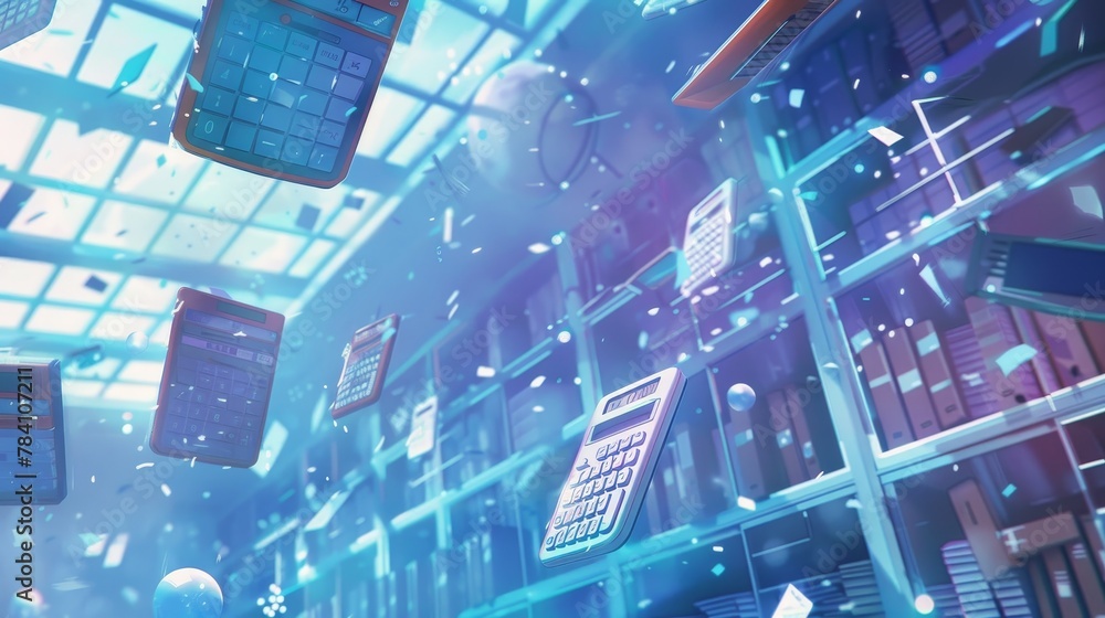 Poster a series of floating calculators and rulers in a futuristic classroom ai generated illustration