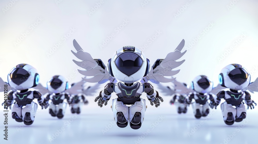 Poster a series of cute robots with wings hovering in unison ai generated illustration