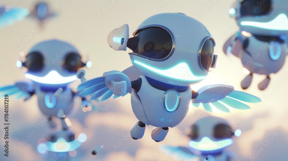 Poster a series of cute robots with wings hovering in unison ai generated illustration
