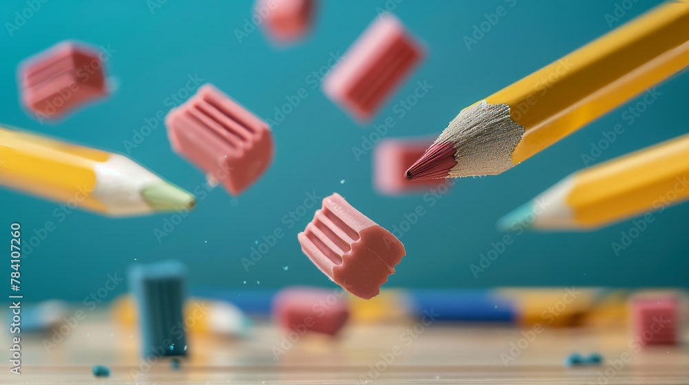 Poster a set of isolated floating erasers and pencils in a classroom environment ai generated illustration